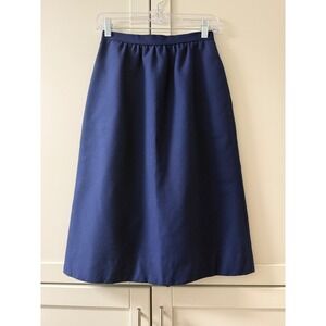 Vintage Navy Blue Midi Skirt A-Line Lined Back Vent Size 7 Retro Career Wear